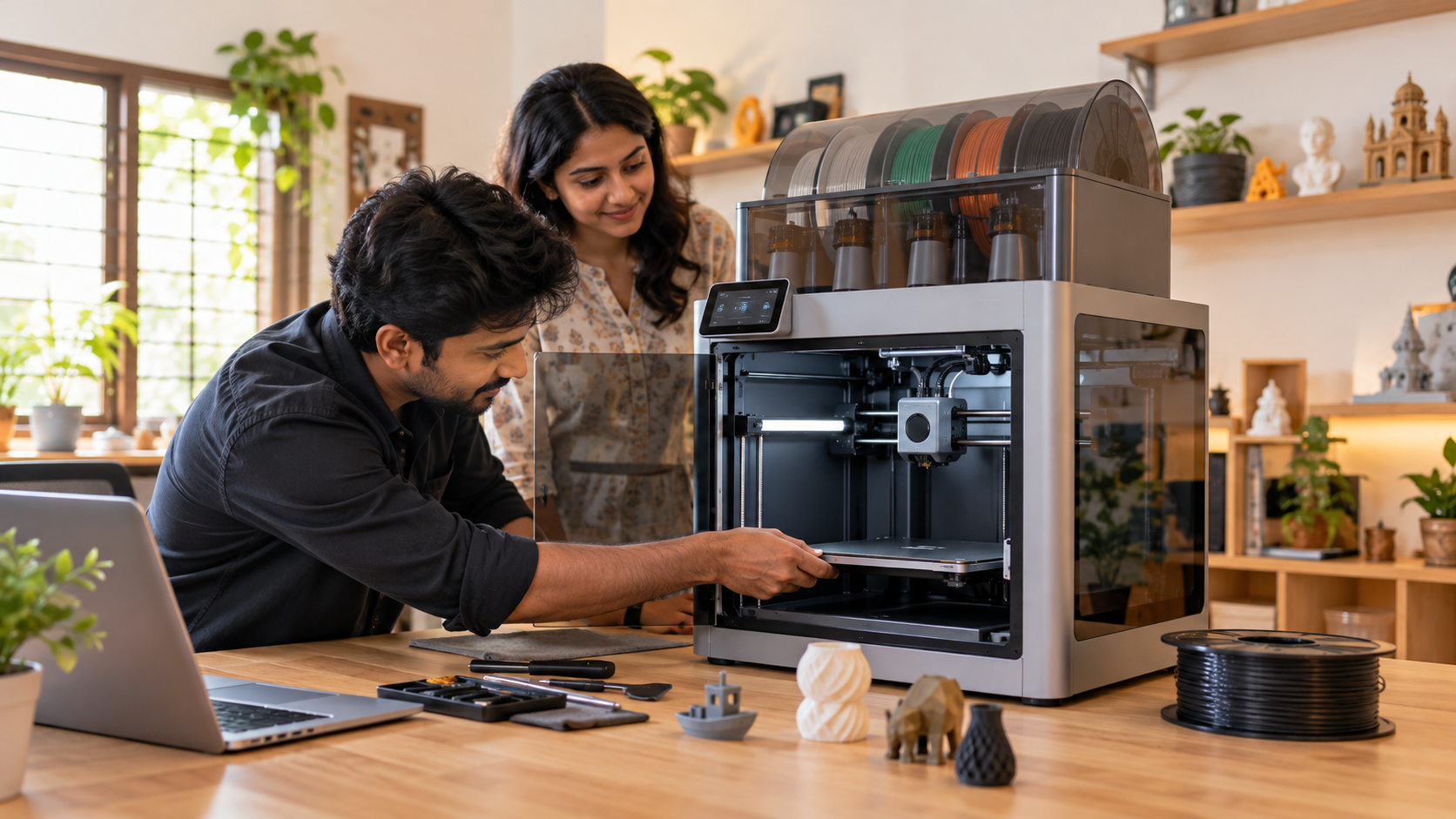 Illustrative scene of a technician setting up a Bambu Lab-style 3D printer with a customer