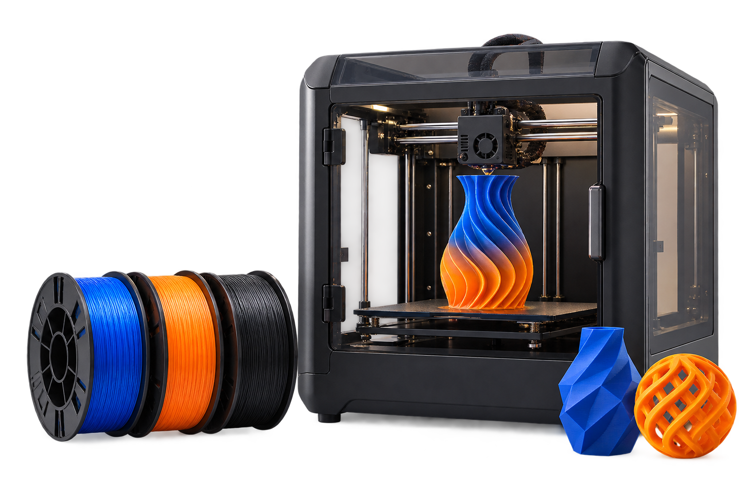 Enclosed 3D printer with colourful filament and printed parts